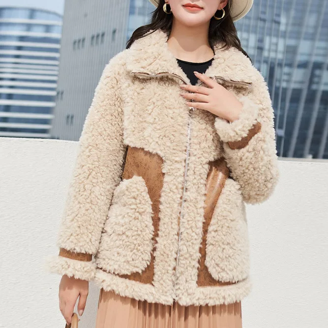 

2024 [Sell out but not make up]All wool composite fur and wool integrated sheep shearing fleece particle fur coat, double-sided