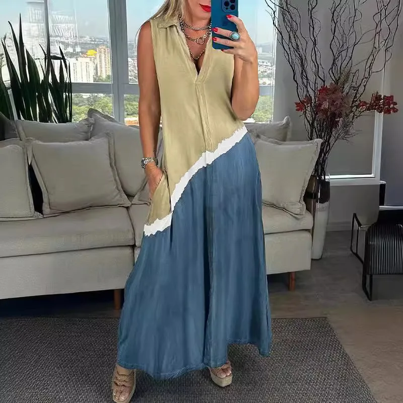 

Fashion Printed V-neck Sleeveless Dress Women Summer Casual Loose Pocket Dress For Women 2025