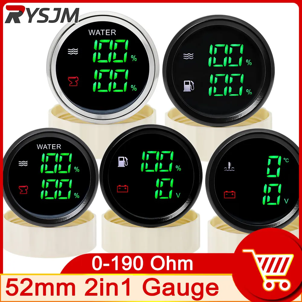 

Digital Fuel Level Water Level Gauge 52mm 2in1 Gauge With Alarm Water Temp Holding Tank Level Gauge Voltmeter for Car Boat Yach