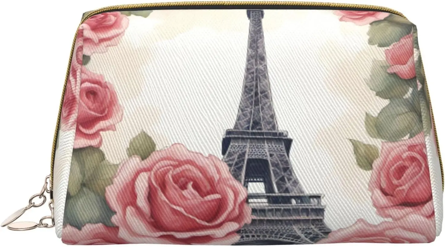 

Eiffel Tower Rose Flower Print Leather zipper makeup bag Cosmetic Pouch Travel Organizer Toiletry Clutch
