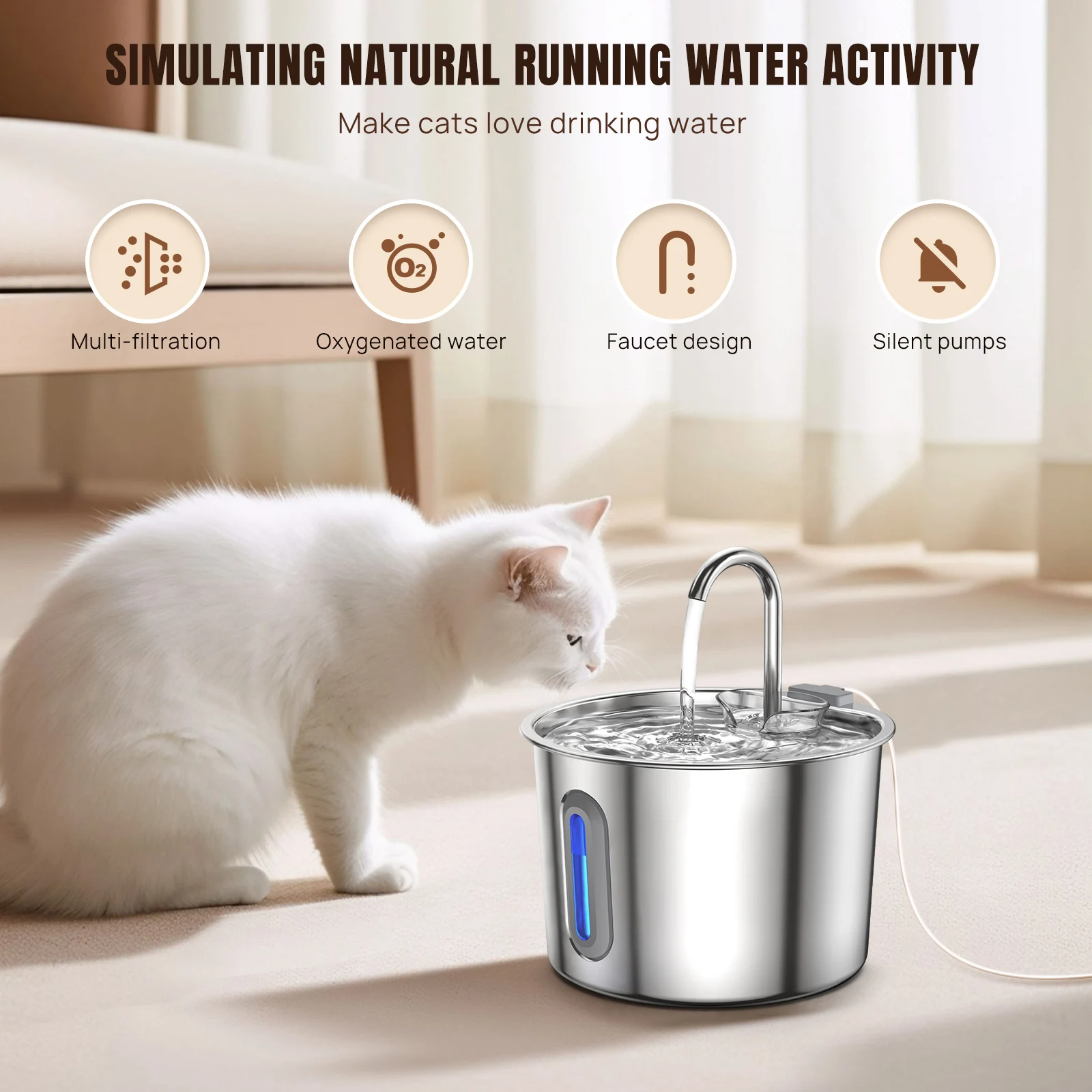 BRIEFNESS 2.2L Cat Dog Water Bowl, Circulating Pet Water Fountain with Triple Filtration System, Ultra Quiet Pump & LED Indicator for Cats & Small Dogs