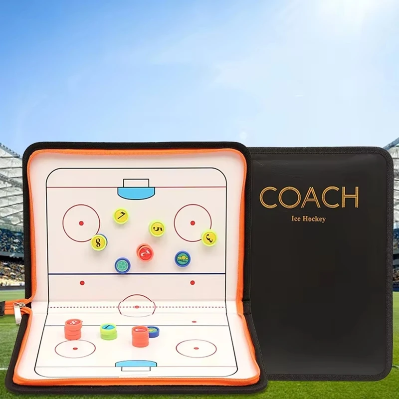 Portable Ice Hockey Tactic-Board Zipper Foldable Ice Hockey Puck Strategy Board Coach-Accessory Magnetic Clipboard