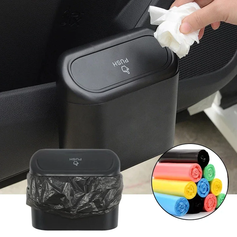 Car Clamshell Trash Bin Hanging Vehicle Garbage Dust Case Storage Box Black ABS Square Pressing Trash Can Universal Organizer