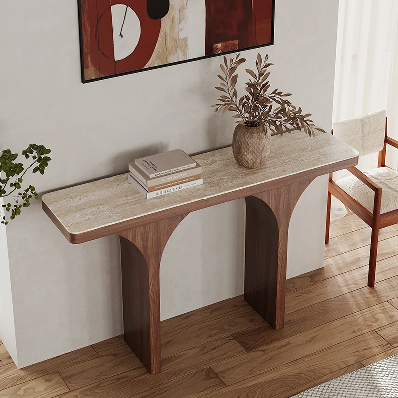 

Solid wood medieval style travertine rock slab entrance table, entrance corridor against the wall, ultra-narrow strip table
