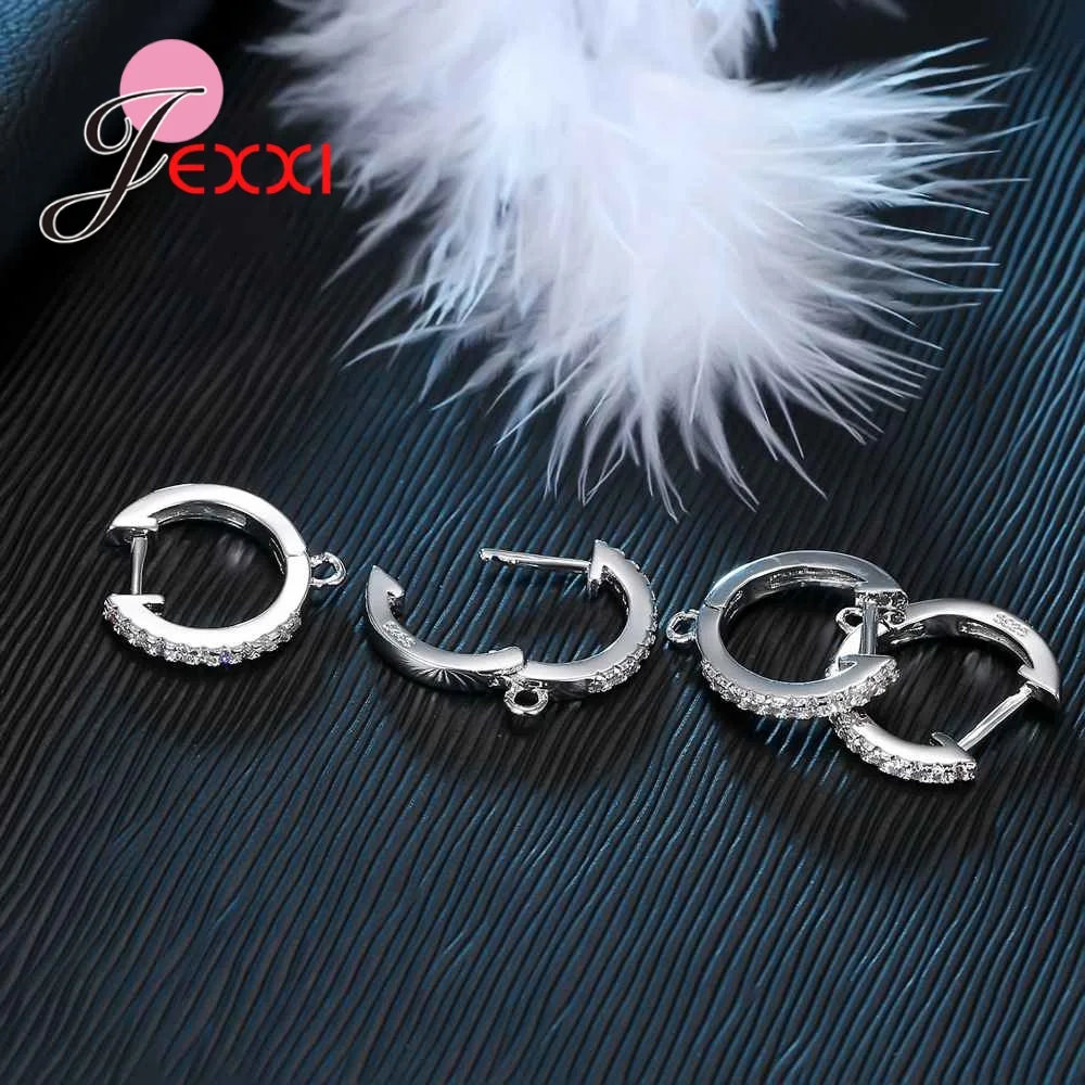 Classic Round Shape Setting White Crystals 925 Sterling Silver Color Hoop Earrings Party Accessories Finding For DIY Jewelry