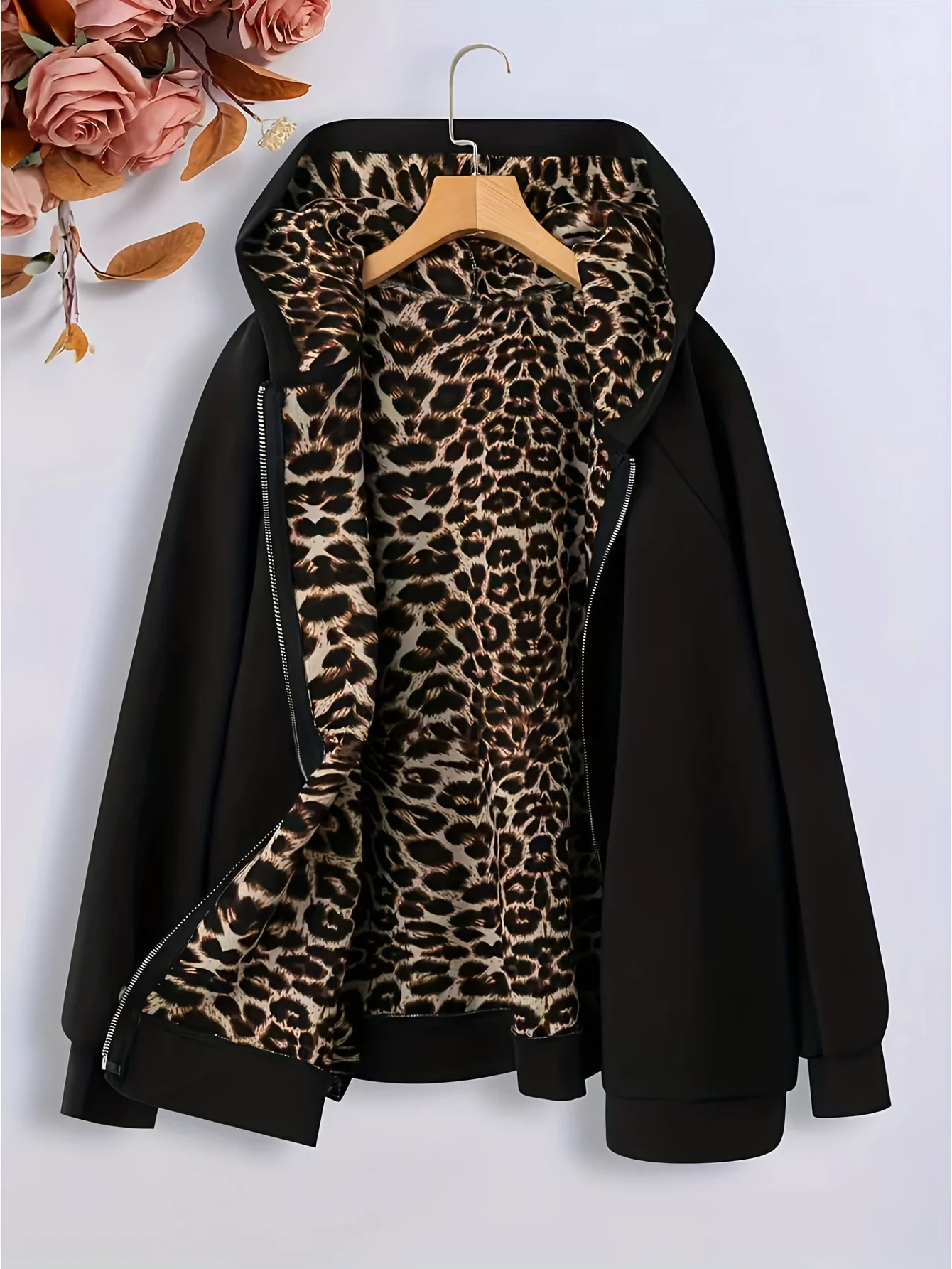 

Large size autumn new leopard print casual solid color jacket for women, long sleeved zipper jacket
