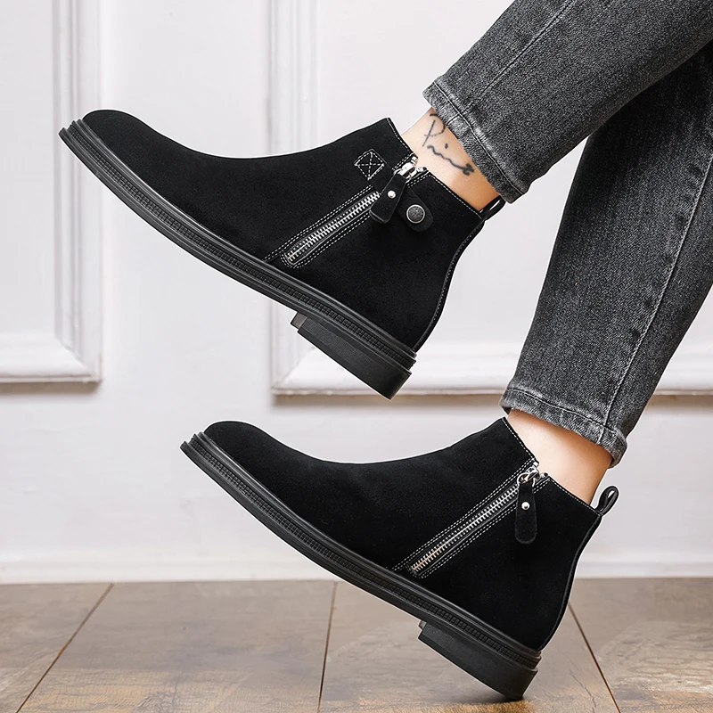 Men Business Chelsea Boots for Autumn Winter Men Casual Side Zipper Thick-soled Anti-slip High-end Boots Outdoor Training Boots