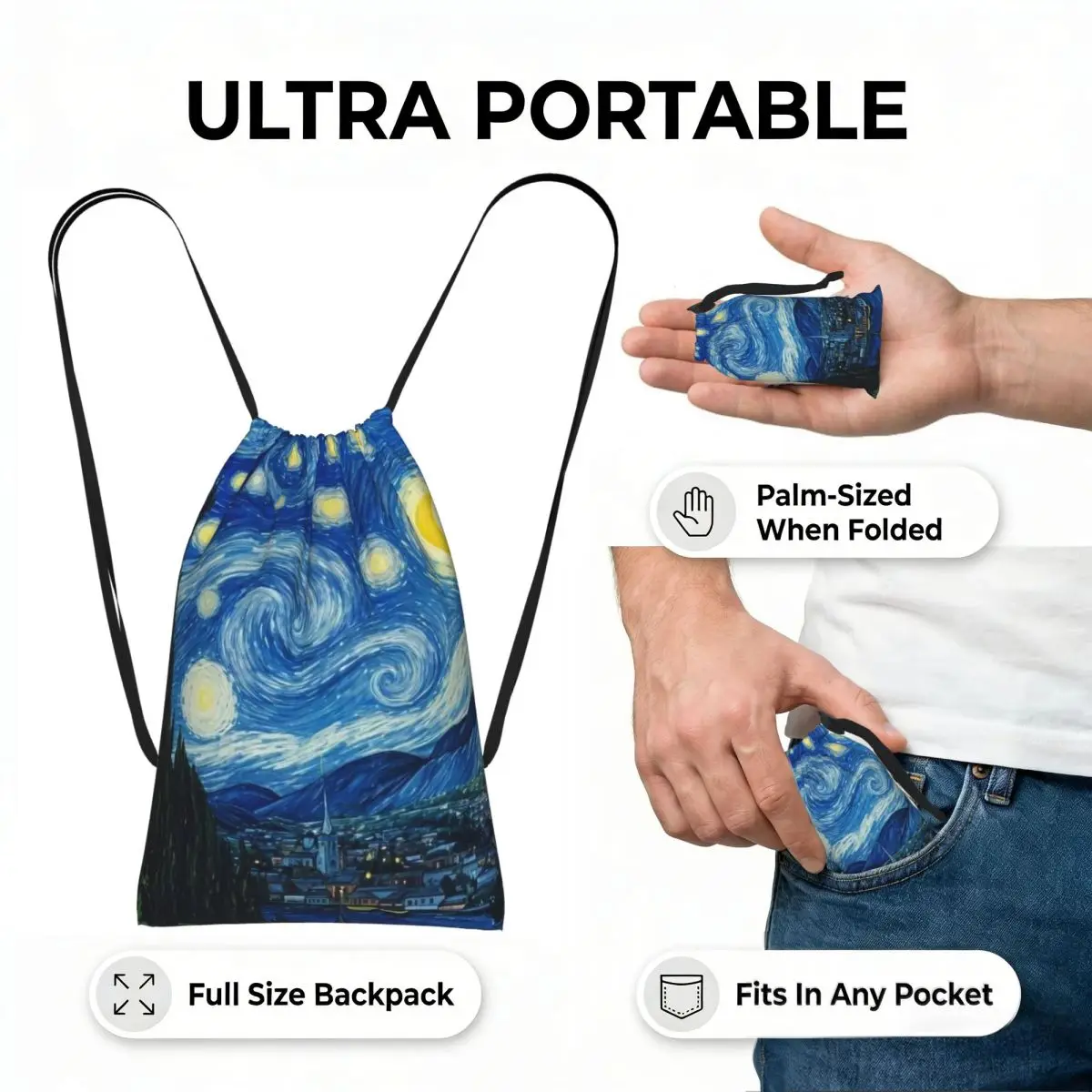Vincent Van Gogh Starry Night Star Famous Oil Painting Drawstring Backpack Sports Gym Bag Travel Drawstring Bag for Men Women