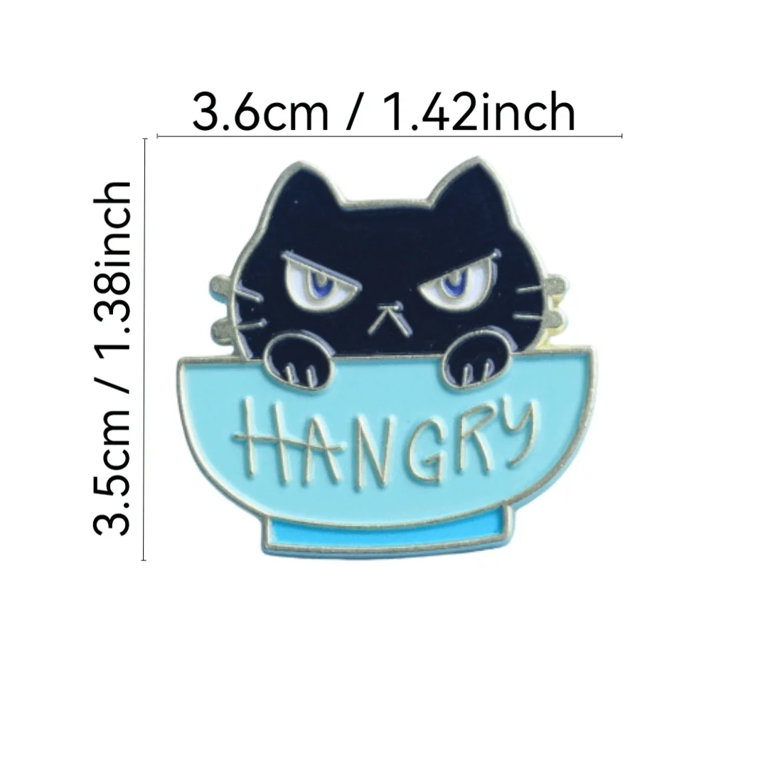 دبوس المينا للقطط الغاضبة - تصميم قطة كرتونية باللونين الأزرق والأبيض مع نص "HANGRY".