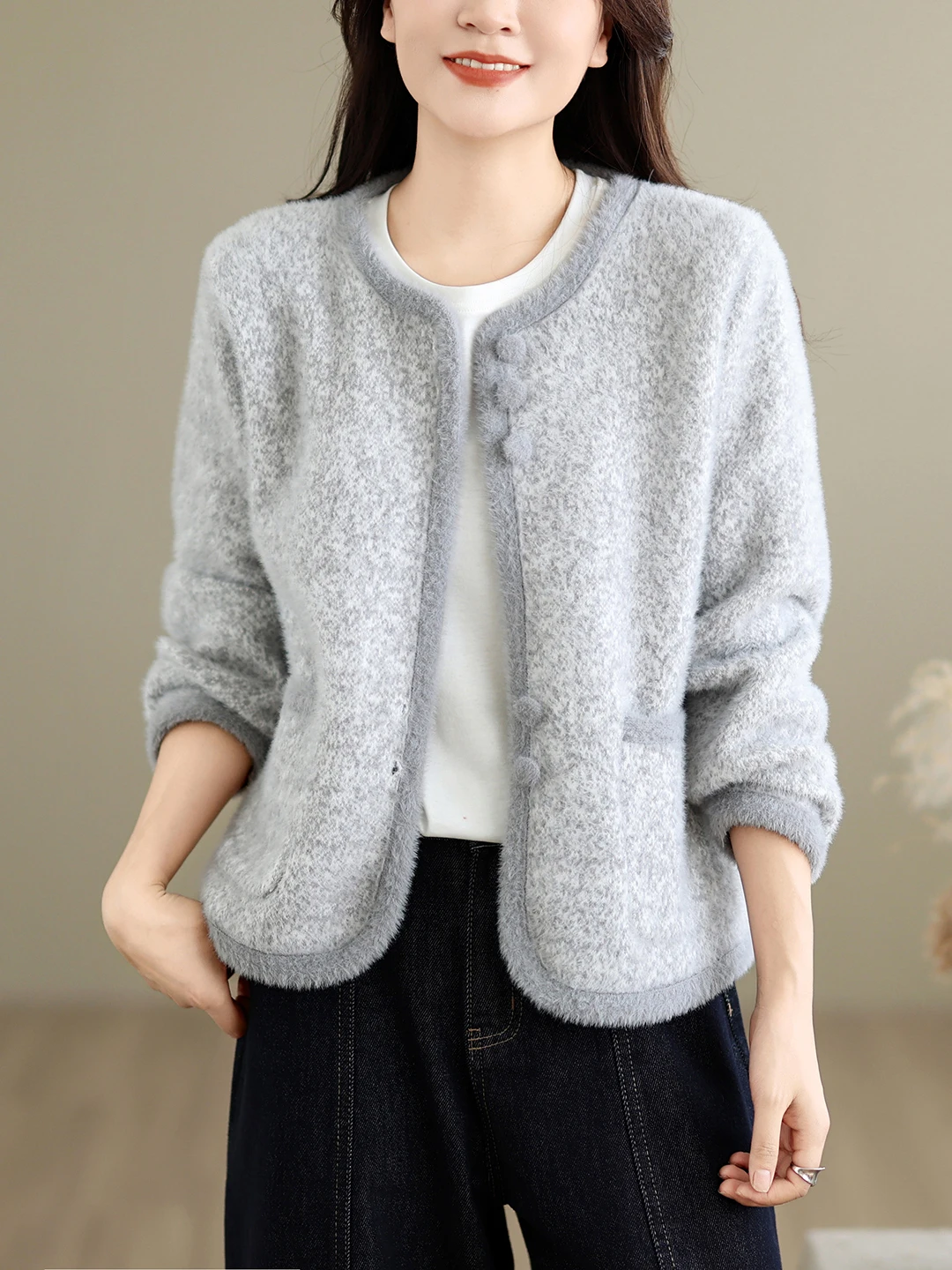 Authentic Small Fragrance Style Knitted Coat Soft Cozy round Neck Short Top Color Block Polyester Spandex Blend Women's Jacket