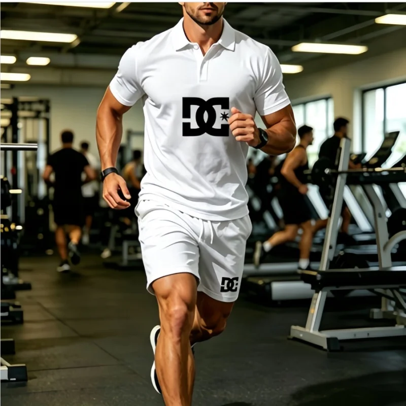 A set of summer men's sportswear, featuring a patterned collar design and adjustable shorts for wearing.
