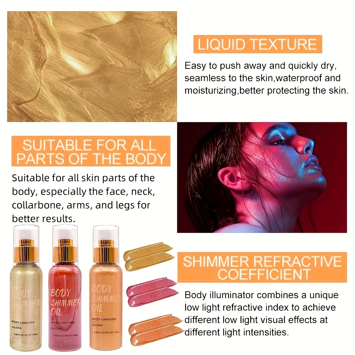 100 مل/3.381 FL OZ، زيت لامع للجسم، مقاوم للماء ومرطب يدوم طويلاً، مضيئة للجسم باللون الذهبي الوردي للوجه والجسم