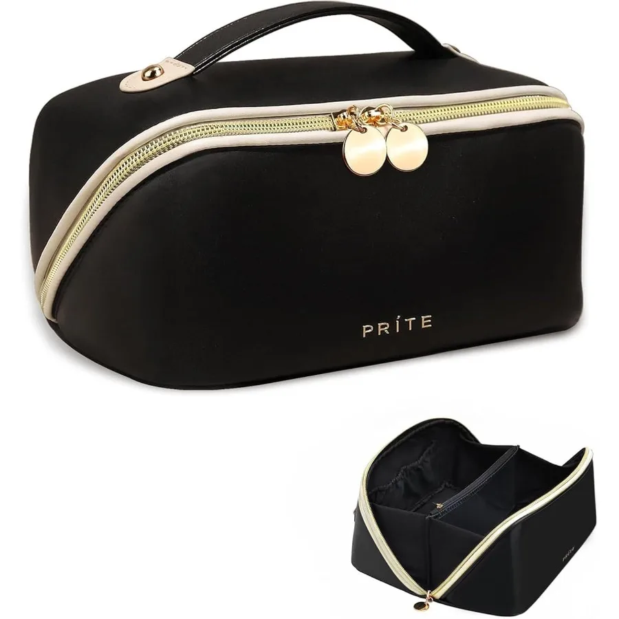Makeup Bag for Women Travel: Waterproof Vegan Leather, Black, Open-Flat Design with Clear Divider and Handle