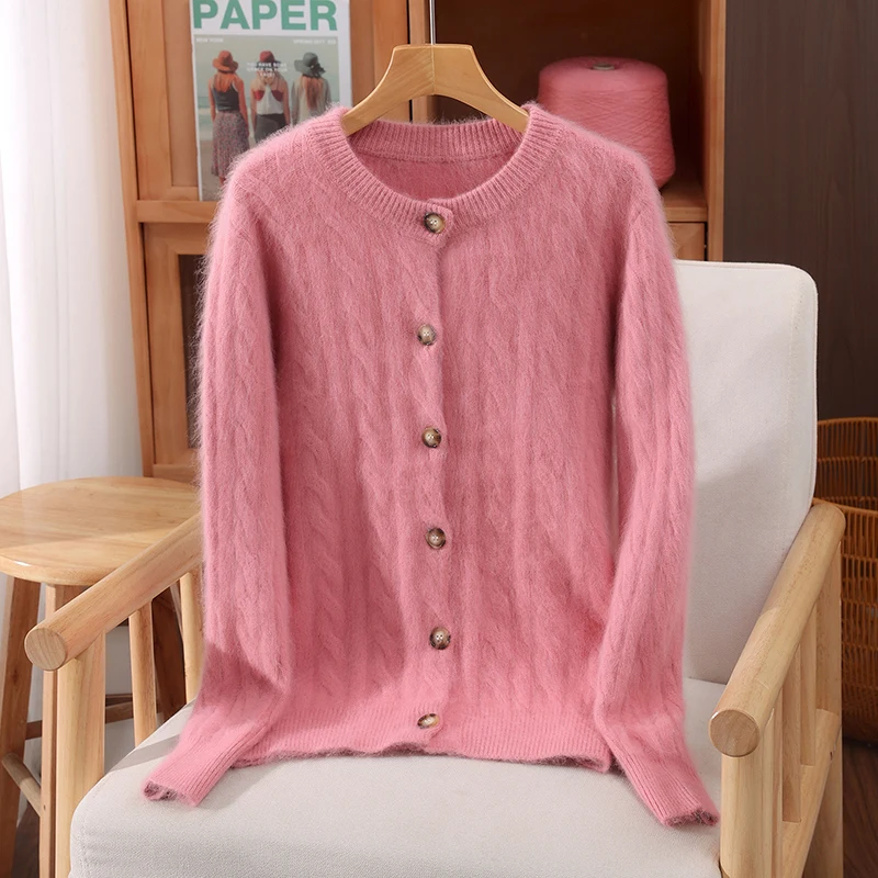 

Autumn Winter Women's O-neck 100% Mink Cashmere Cardigan Sweater Twist Flower Soft Comfort Knitted Jacket Basic Long Sleeve Tops