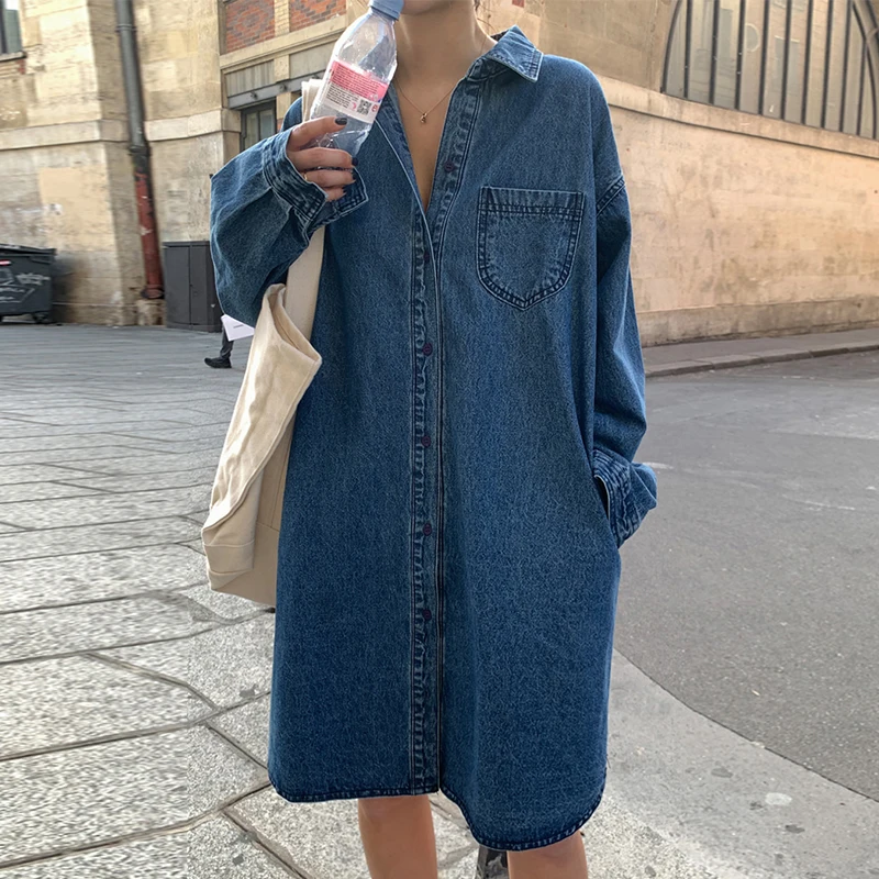 Women Denim Dress Loose Casual Long sleeve Wash Shirt Dresses Spring Autumn French Retro Lapel Solid Single Breasted Jean Dress