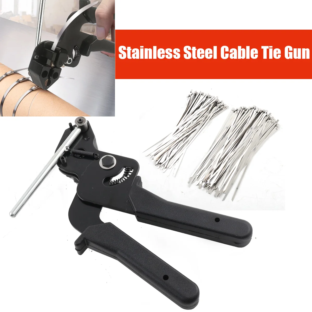 Cable Tie Gun With 200Pcs Stainless Steel Metal Cable Zip Ties Kit, Metal Tie Wrap Gun Kit, Tensioning Cutter Metal Zip Tie Tool