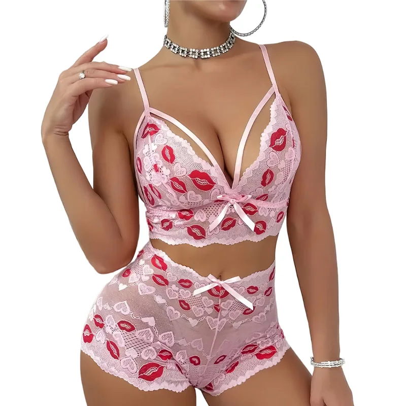 Babydoll Lingerie Set Red Lips Embroidery Sheer Mesh Bra Panty Set See Through Underwear for Women Lace Bustier with Shorts