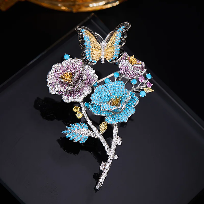 Light Luxury Flower Butterfly Fully inlaid with Zircon Branches Pin New Chinese Style Coat Cheongsam Versatile Brooch for Women