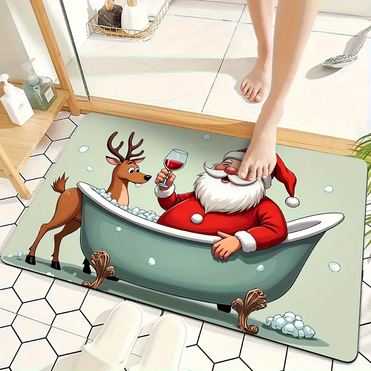 Badezimmerteppich mit Weihnachtsmotiv von VIKAMA, rutschfest, maschinenwaschbar, verdickte, saugfähige Badezimmerdekoration