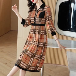 Sanzhai Pleated 2024 Spring and Autumn New Color Contrast Checker Printed Elastic Dress with Waist Wrap to Show Slim Long Skirt