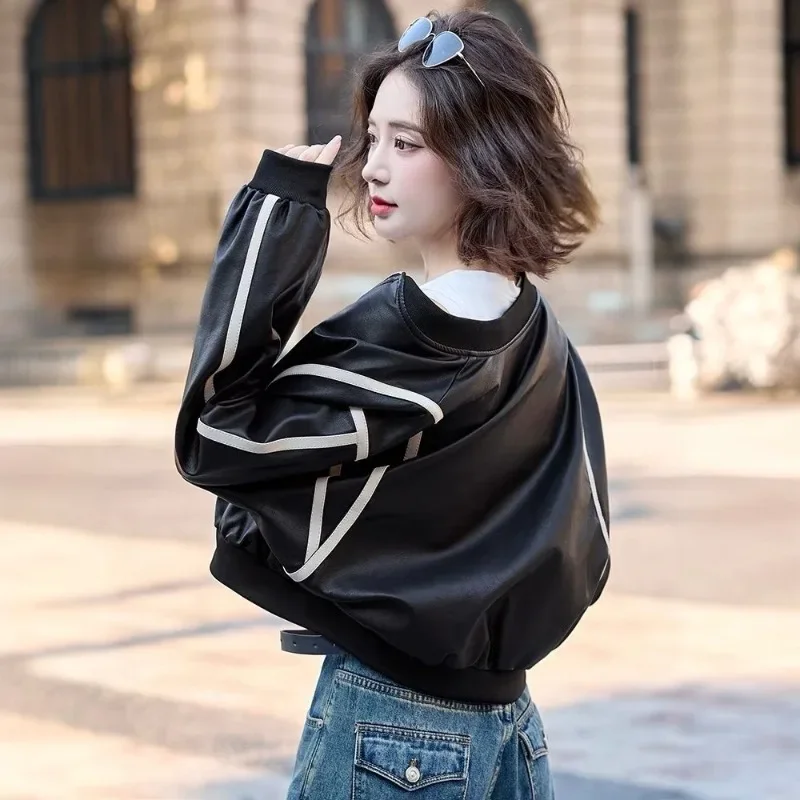 

​ Женская кожаная куртка весна-осень 202, короткий укороченный пиджак в бейсбольном стиле, миниатюрная свободная облегающая верхняя одежда для похудения ​