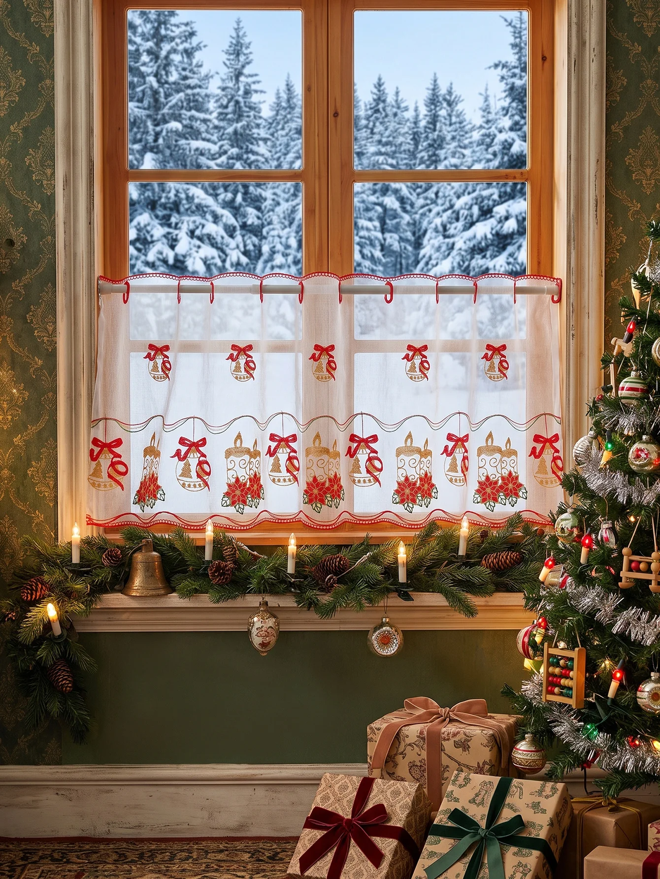 Embroidered Christmas Candle & Poinsettia Lace Valance, Semi-Sheer Loop Top Window Valance, Xmas Kitchen Window Decor