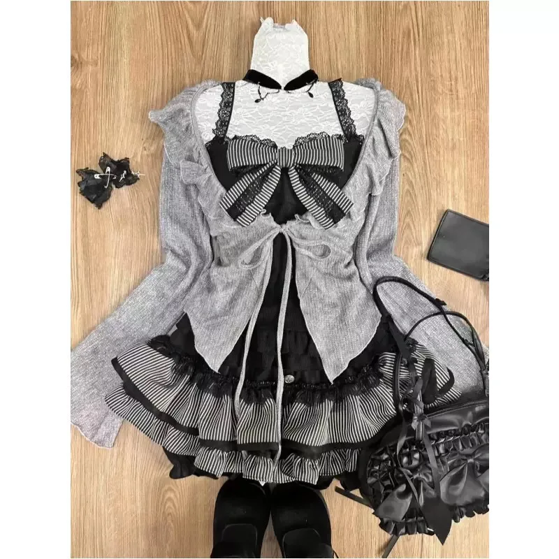 

Sweet Korean College Style Set Long Sleeved Cardigan Black Gray Color Blocked Fashion Slim Fit Women's Dress Spring Summer New