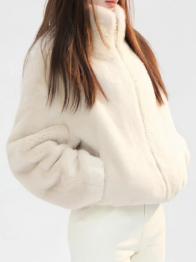 سترة نسائية قصيرة من الفرو الصناعي من ZMEENNA معطف منفوش بياقة عالية وياقة ثابتة وسحّاب كامل وحاشية برباط ملابس خارجية شتوية دافئة ZM4455 #3