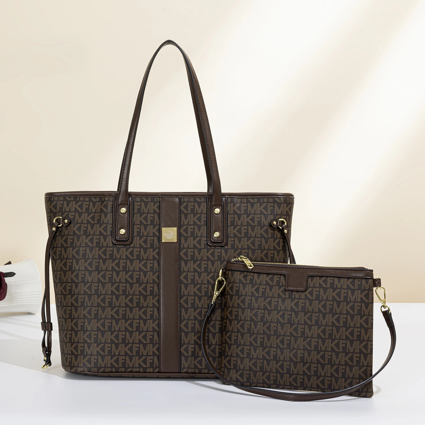 Vintage Monogram Tote Bag 2-Piece Set Luxury Texture Large Capacity Multi-Compartment Commute Shoulder Bag With Clutch