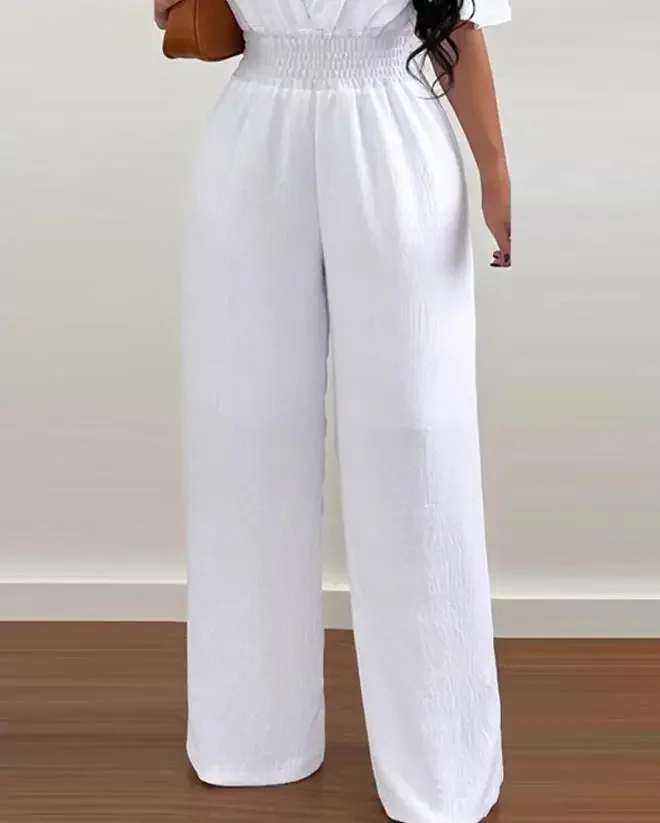 CPSYMYM комбинезоны для женщин, весенний повседневный однотонный комбинезон с открытыми плечами и короткими рукавами с гофрированной талией, повседневный длинный комбинезон с широкими штанинами