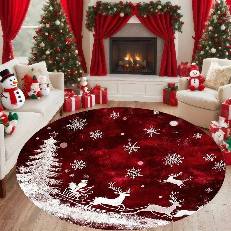Trendy Round Christmas Poinsettia Gingerbread Print Rug Home Decor Floor Mat for Living Room Bedroom Holiday Party Indoor Carpet
