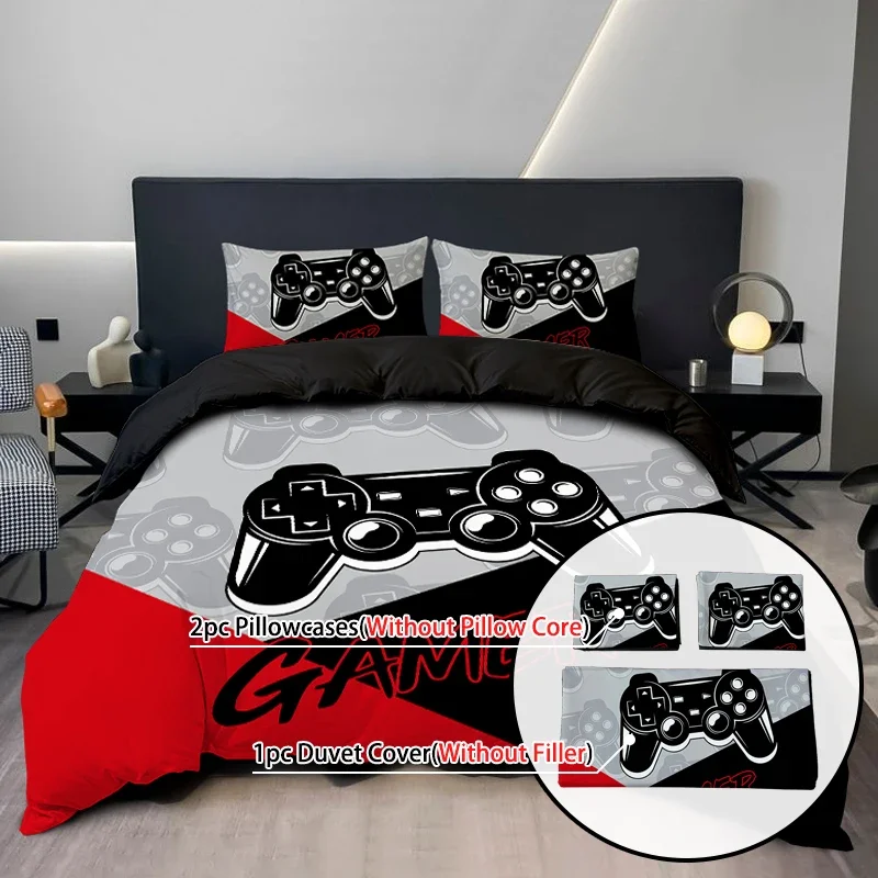 3PC Splicing Game Console Bedding Cover Red Black Blue Black 100%Polyester 1duvet Cover 2Pillowcases Digital Printing No padding