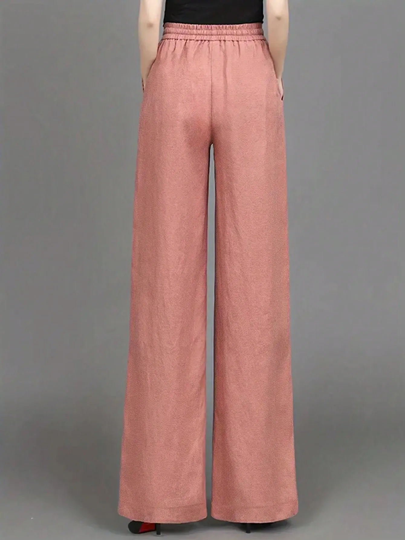 New Women Solid Color 100% Cotton Woven Straight Pants Drawstring High Waist Long Trousers With Pockets Casual Daily Loose Pants