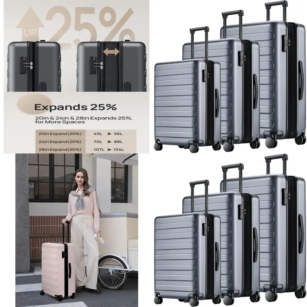 

3 Piece Luggage Set - Airline Approved Carry-On, Expandable Hard Shell Suitcases with Spinners, TSA Lock, 20/24/28 Grey