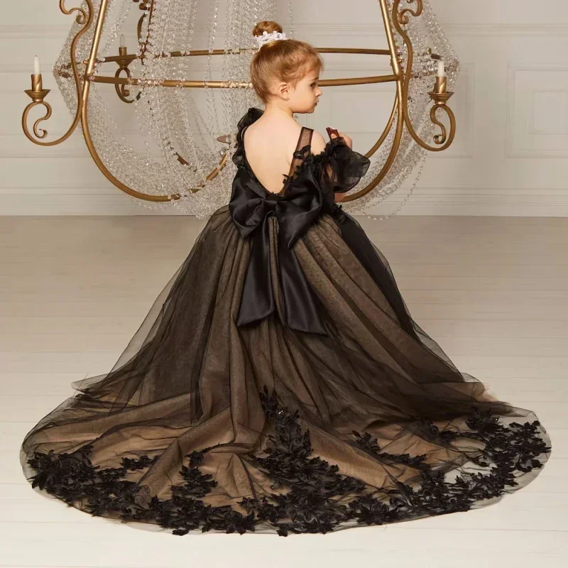 Black Flower Girl Dresses Tulle Appliques Bow Tailing senza maniche Kids Girls Wedding Birthday Party prima comunione Holiday Gown