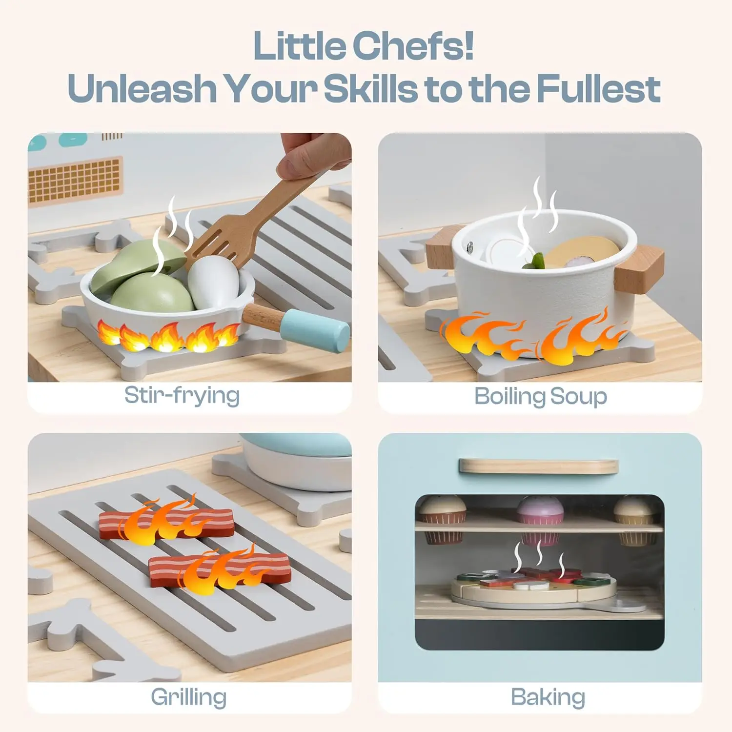 Juego de horno de cocina de madera, juego de simulación Montessori, accesorios de cocina con Pizza y Cupcakes, juguetes de comida, Pizza de madera Ove