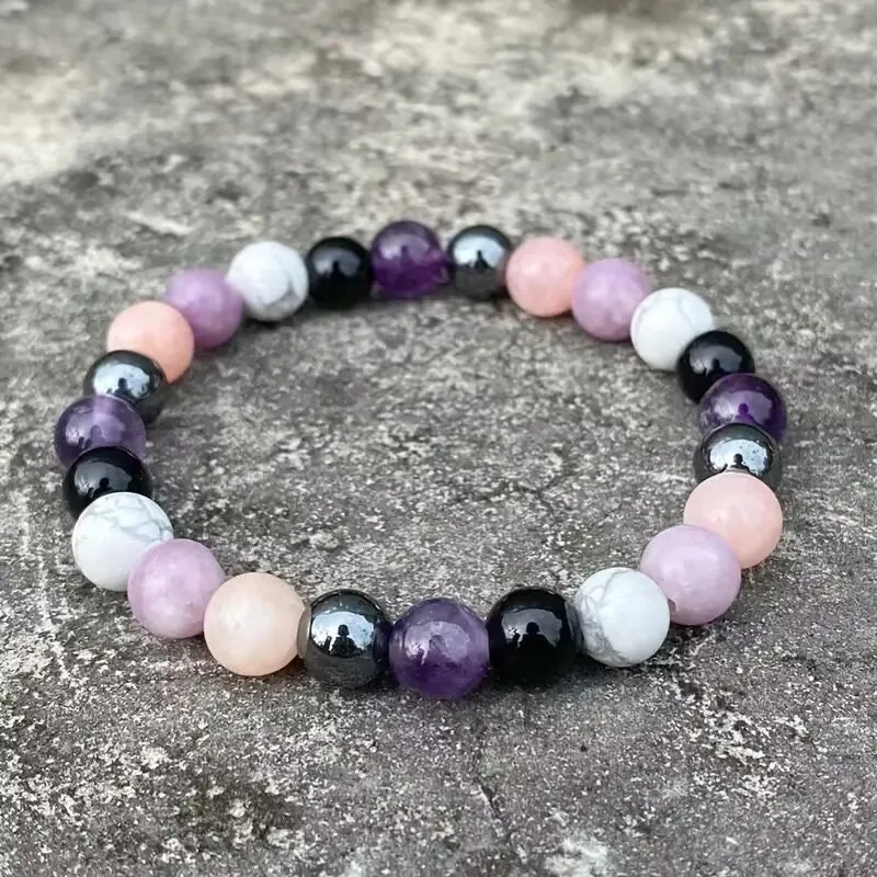 Stress Relief Bracelet: Amethyst, Black Tourmaline, Clear Quartz, Hematite, Lepidolite, Rose Quartz and White 8mm Round Crystal - view 2