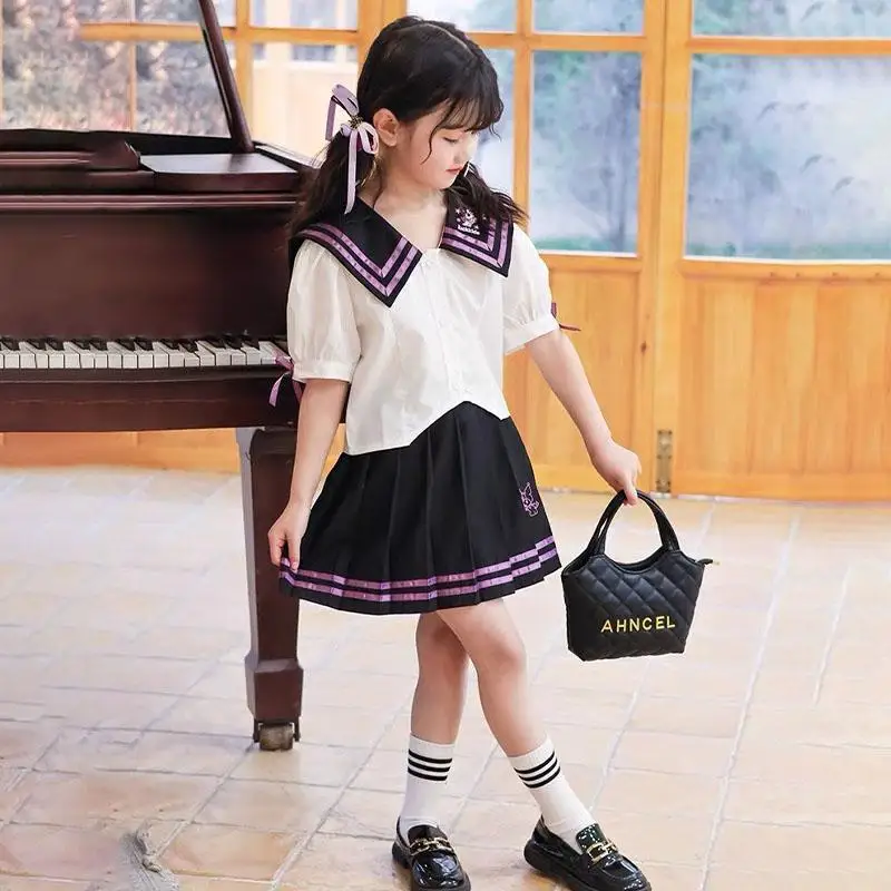 Kawaii Sanrioed Kuromi Kids Short Sleeve Skirt Suit Girl Cute Jk Uniform Pleated Skirt Preppy Fashion Suit Summer Kids Clothes