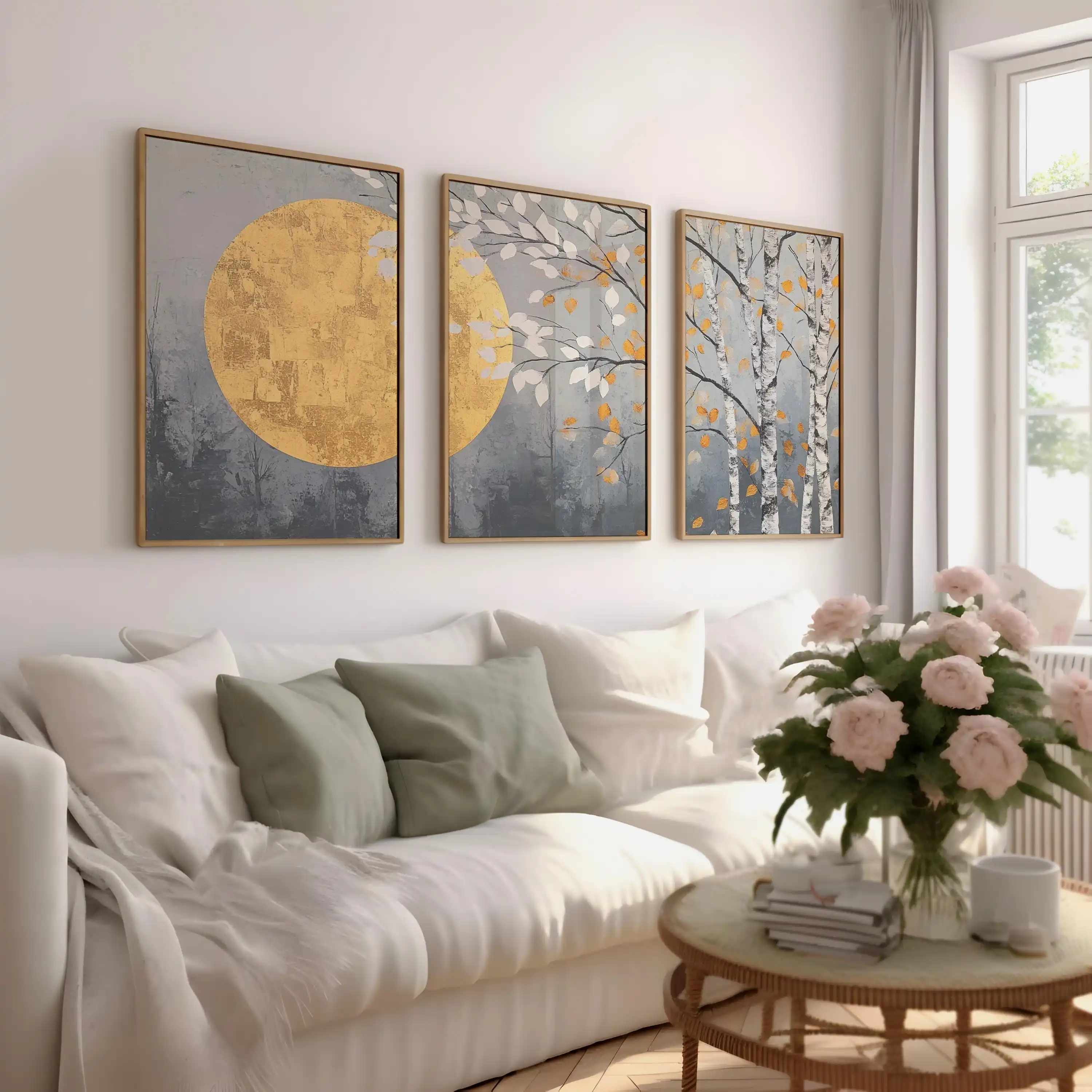 3pcs  frameless 3 Piece Japandi Artpiece Triptych Wall Art Decor Japandi Nature Art Framed Canvas Wall Art Set Art Piece for Hal