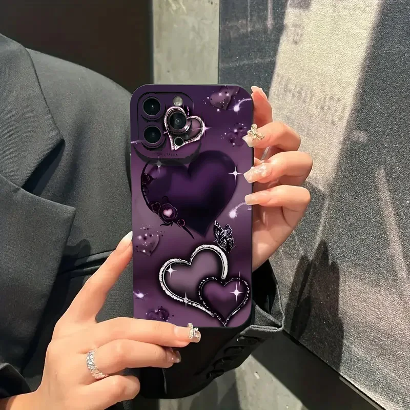 Purple Heart-Shaped Design TPU Phone Case For iPhone 17 16 Pro Cases iPhone 16E 11 12 13 14 15 Pro Max XS X XR 7 8 16 Plus Cover view 3