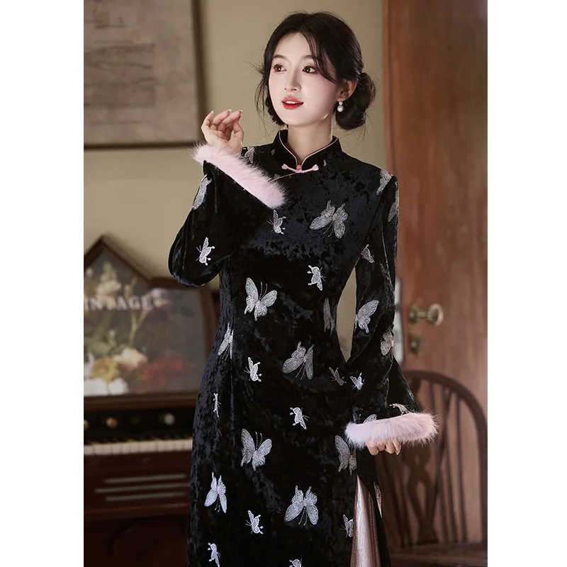 

Black 2025 Chinese Style Butterfly Embroidery Chinese Autumn and Winter Qipao New Daily Temperament Dress Qipao