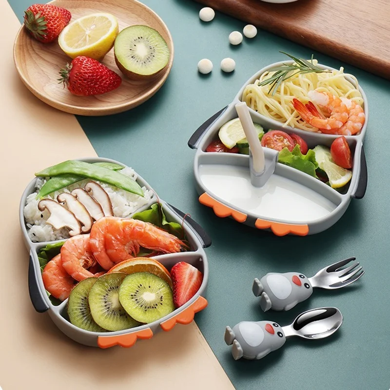 Creative Children\'s Silicon Plastic Date 304 Stainless Steel Cartoon Penguin Spoon Fork Strifice Bib