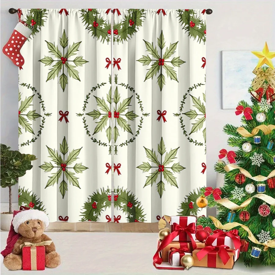 2PCS Digital Print Curtain, White Green Holly Leaf Snowflake Pattern with Red Berries and Bows, Elegant Minimal for Window Decor
