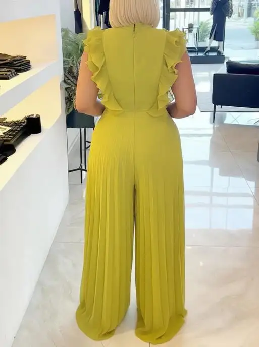 Mode Dames Zomer Nieuwe V-hals Ruche Rand Decoratie Hoge taille Mouwloos Geplooid Wijde pijpen Jumpsuit Geschikt voor banketten