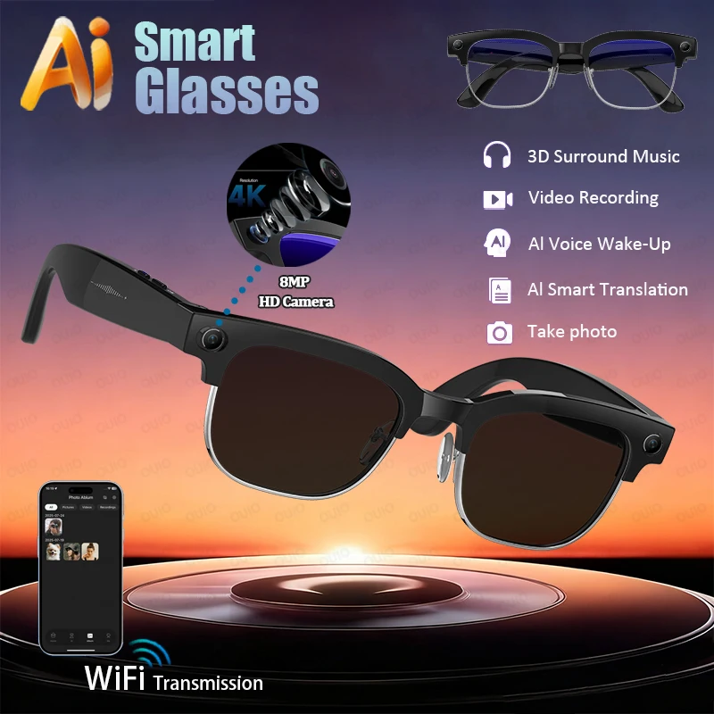 

New Smart Translation Glasses 8MP HD Camera Take Photo 4K Video Record Photo Recognition WIFI Transmission BT Call Smart Glasses