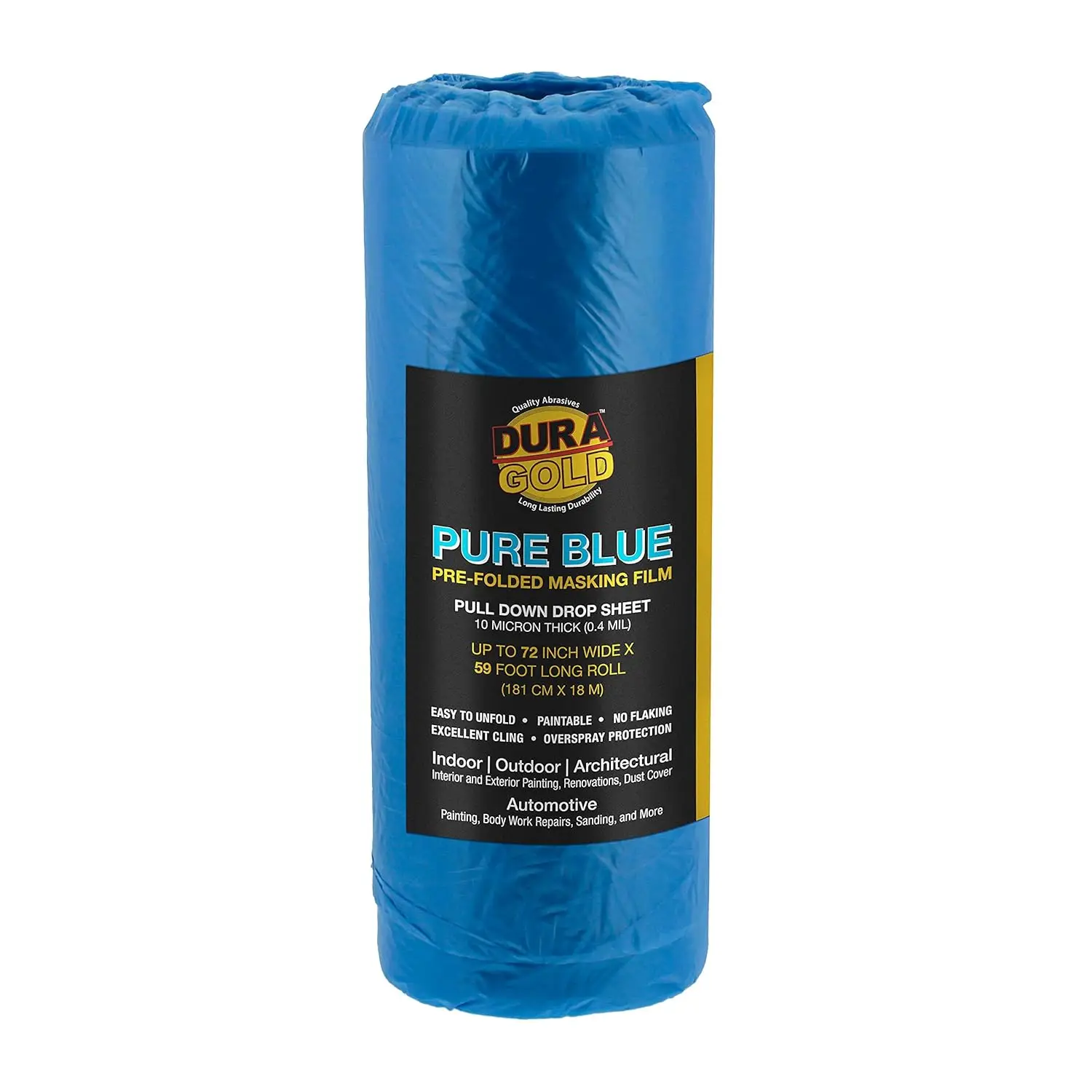 72' x 59' Pure Blue Pre-Folded Masking Film - Painters Plastic Roll (0.4 Mil) Pull Down Drop Sheet, Pre-Folded Plastic Sheeting