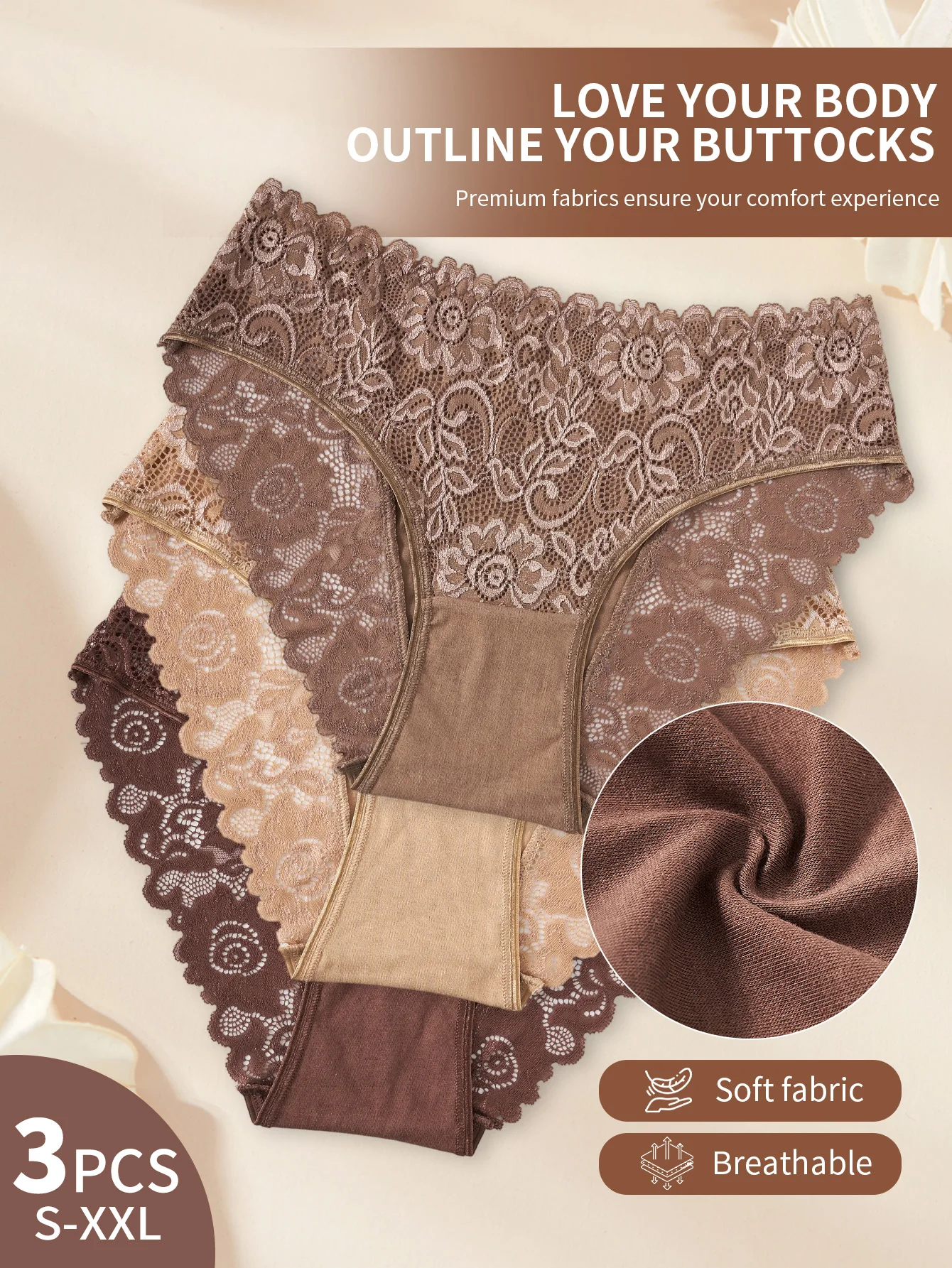 3 قطعة سراويل نسائية قطنية جديدة أنيقة من الدانتيل بتصميم زهور سراويل داخلية مريحة من القماش بلون سادة ملابس داخلية أنيقة وجيدة التهوية