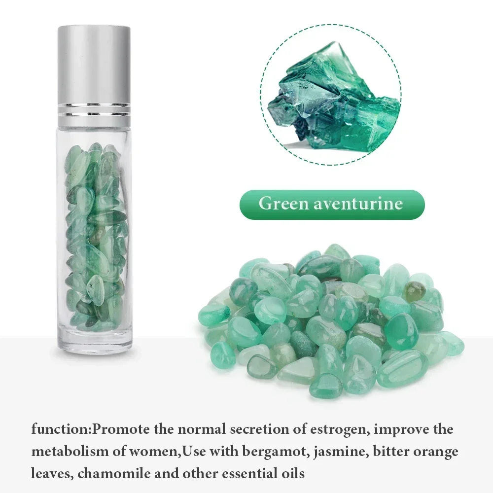 10ml 10pcs Natural Jade Crystal Chips Glass Roller Bottle for Essential Oils Roll-On Refillable Perfume Oil Liquid Bottle Travel