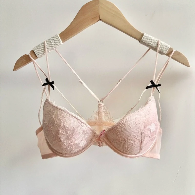 Ladie Delicate Floral Lace Front Fastener Set Wireless Slim Shoulder Strap Cutout Back Small Breast Boost Fuller Shape Intimates