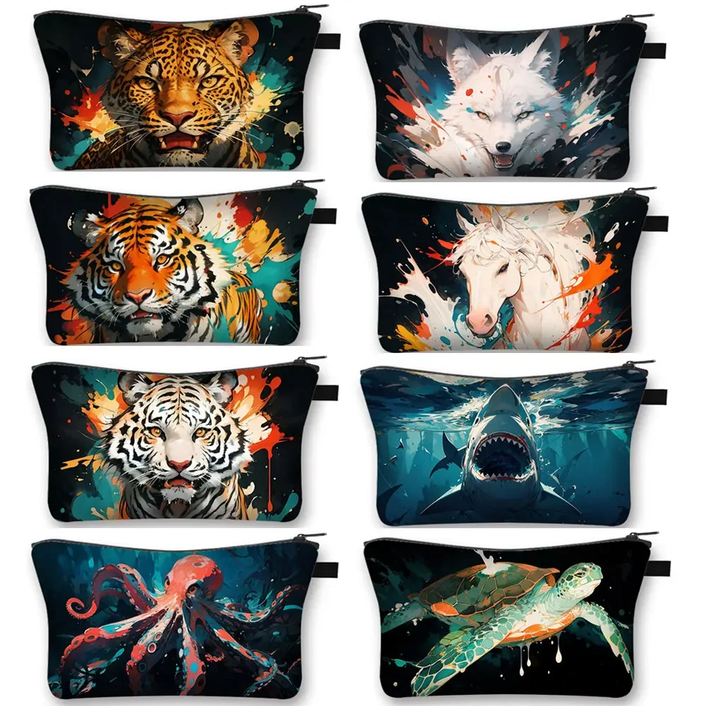 Paint Splatter Beast Cosmetic Case Watercolor Tiger Horse Shark Octopus Makeup Organizer Bag Lipstick Napkin Pouch Toiletry Bag